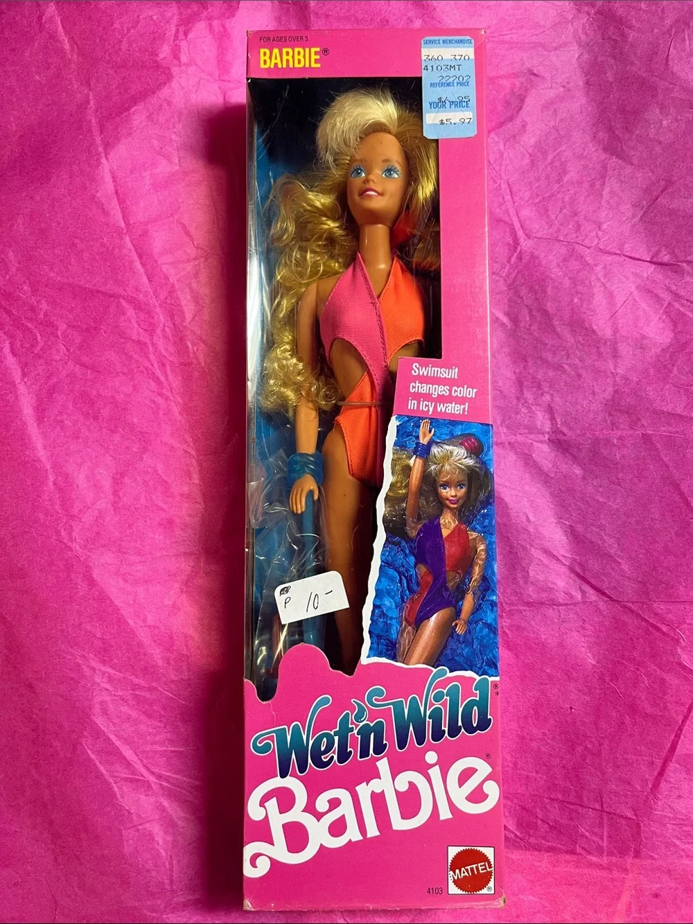 vintage 1989 Mattel Wet 'n Wild Barbie doll Pink & Orange Swimsuit NRFB